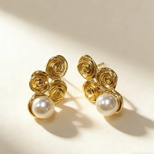 Vintage Bloom Triple Rose & Pearl Stud Earrings