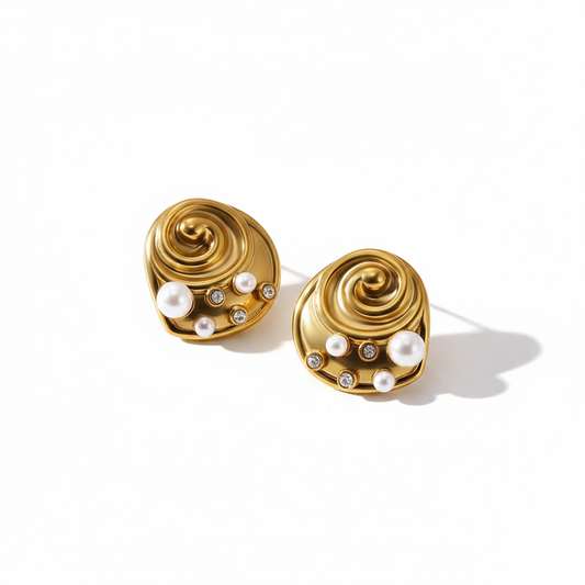 Nautilus Spiral Gold Earrings with Pearl & Crystal Accents