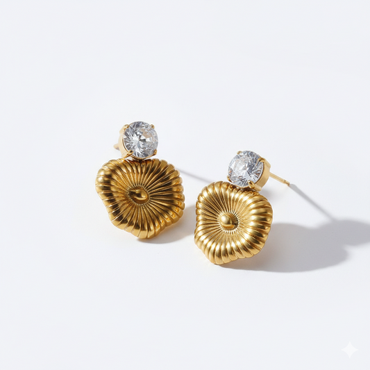 Solstice Ribbed Gold &amp; Solitaire Crystal Studs